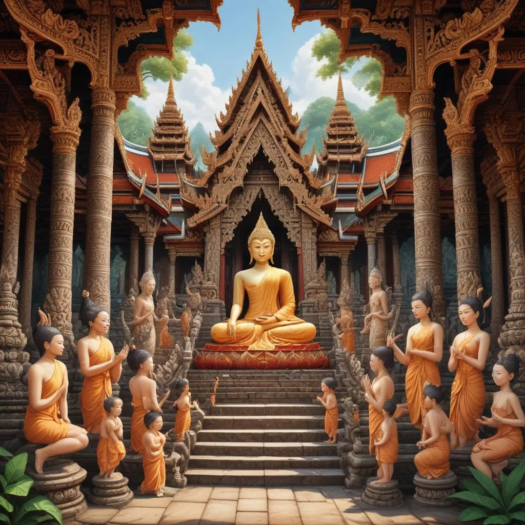 Intricate carvings and offerings at a Thai Buddhist temple
