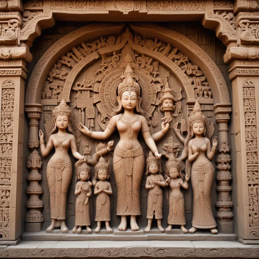 Intricate carvings and spiritual artwork on an ancient temple wall