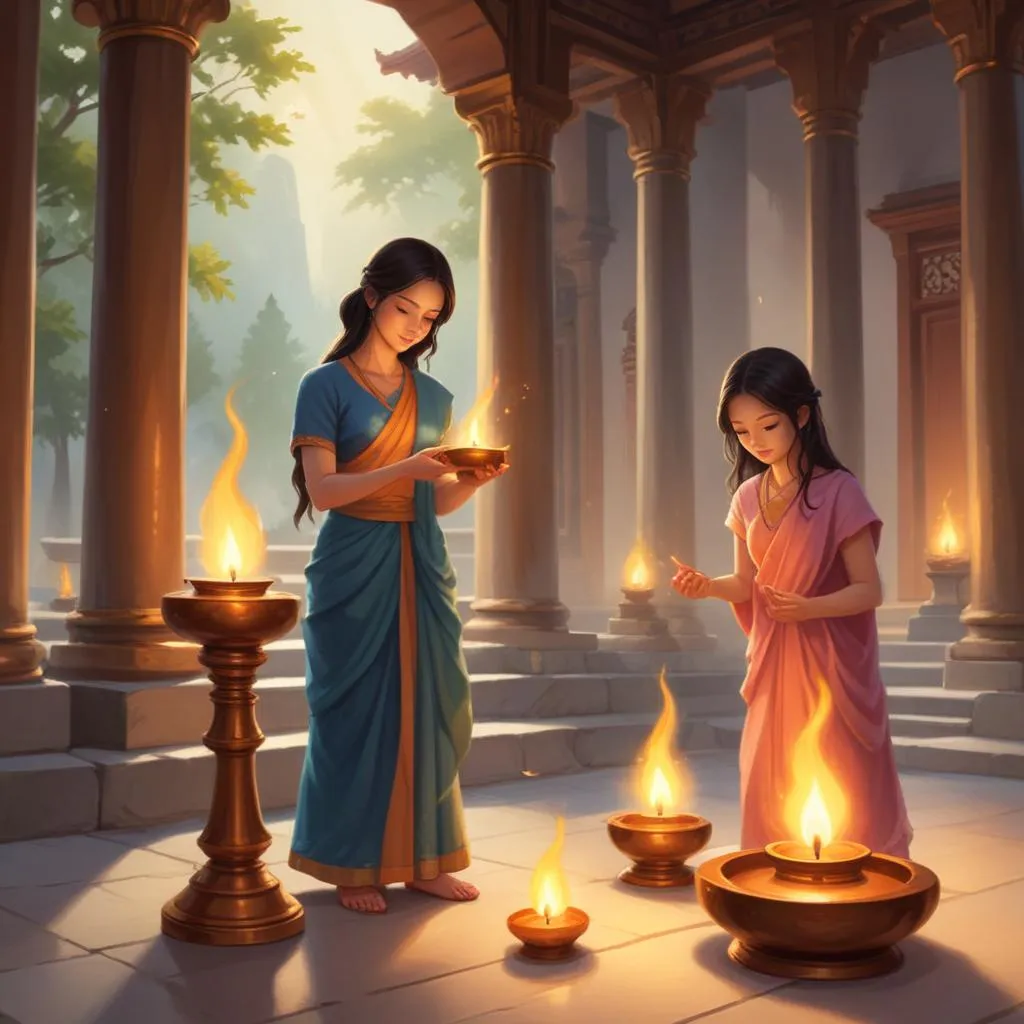 Lit oil lamps in a peaceful temple setting, symbolizing focus and offering