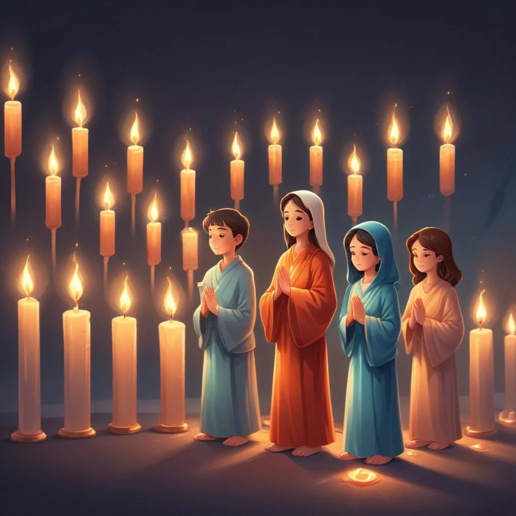 Lit prayer lamps in a peaceful row, symbolizing hope and the cost of peace