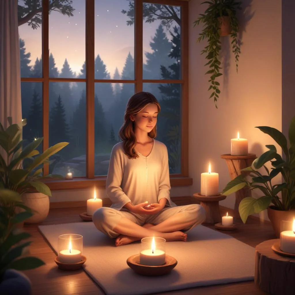 Peaceful meditation space with candle light and natural elements