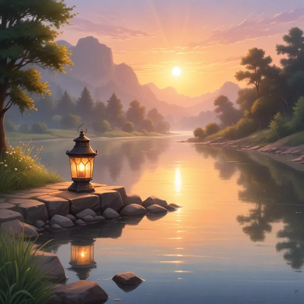 Peaceful sunrise over a river with a traditional lamp in the foreground