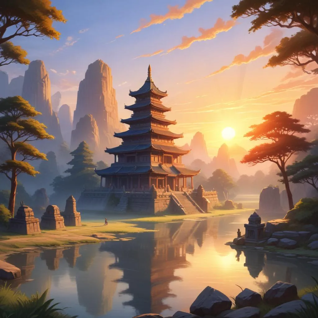 Peaceful sunrise over an ancient temple