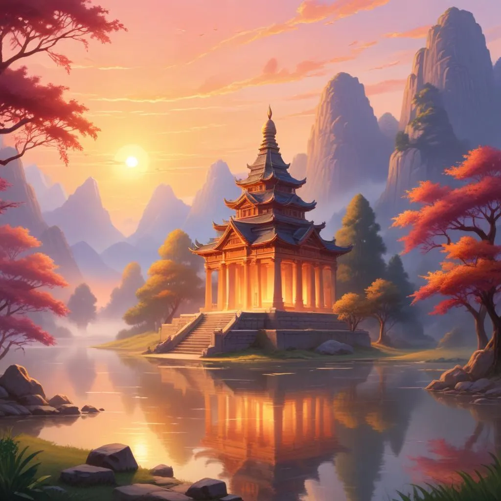 Peaceful temple at sunrise with spiritual atmosphere