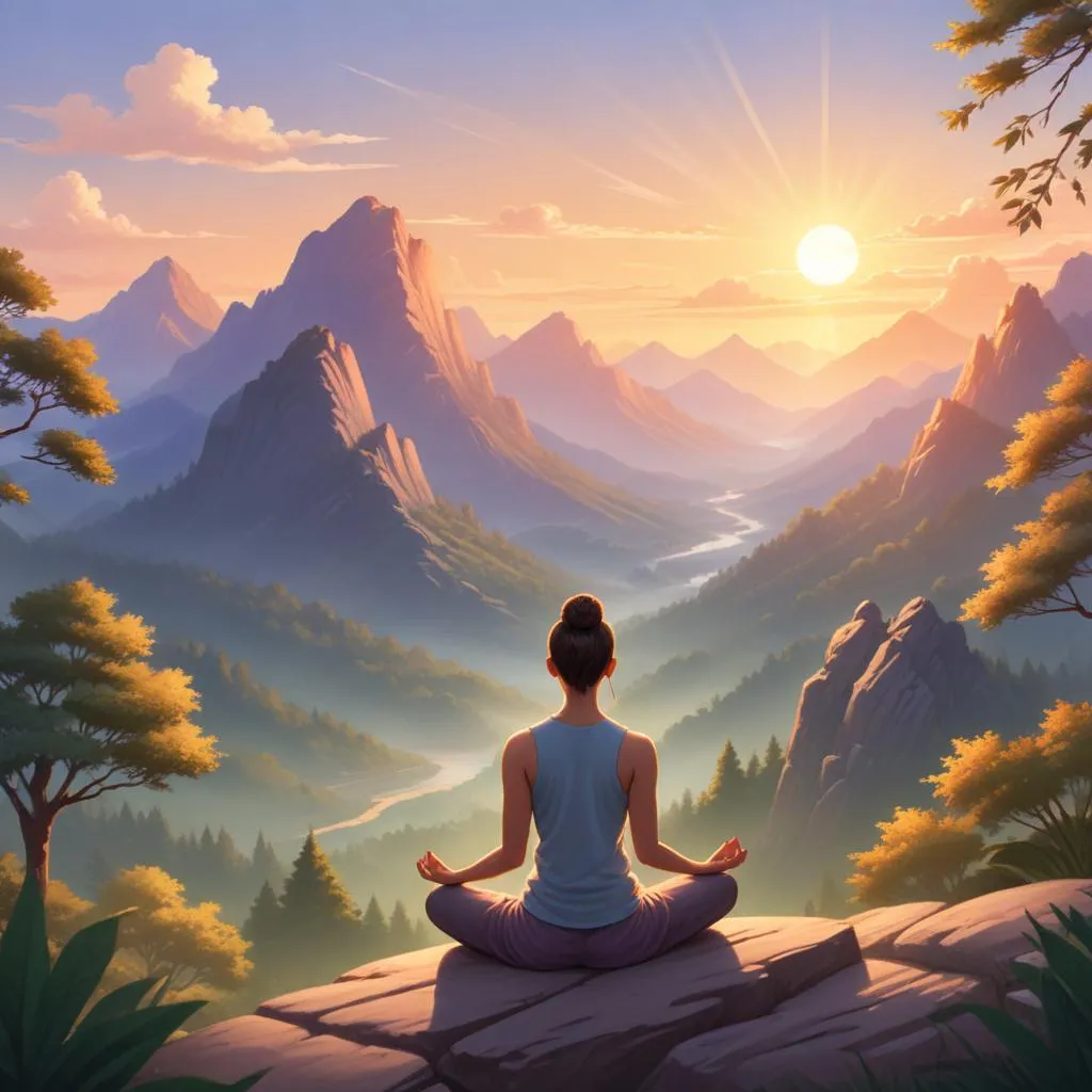 Person meditating peacefully at sunrise overlooking mountains