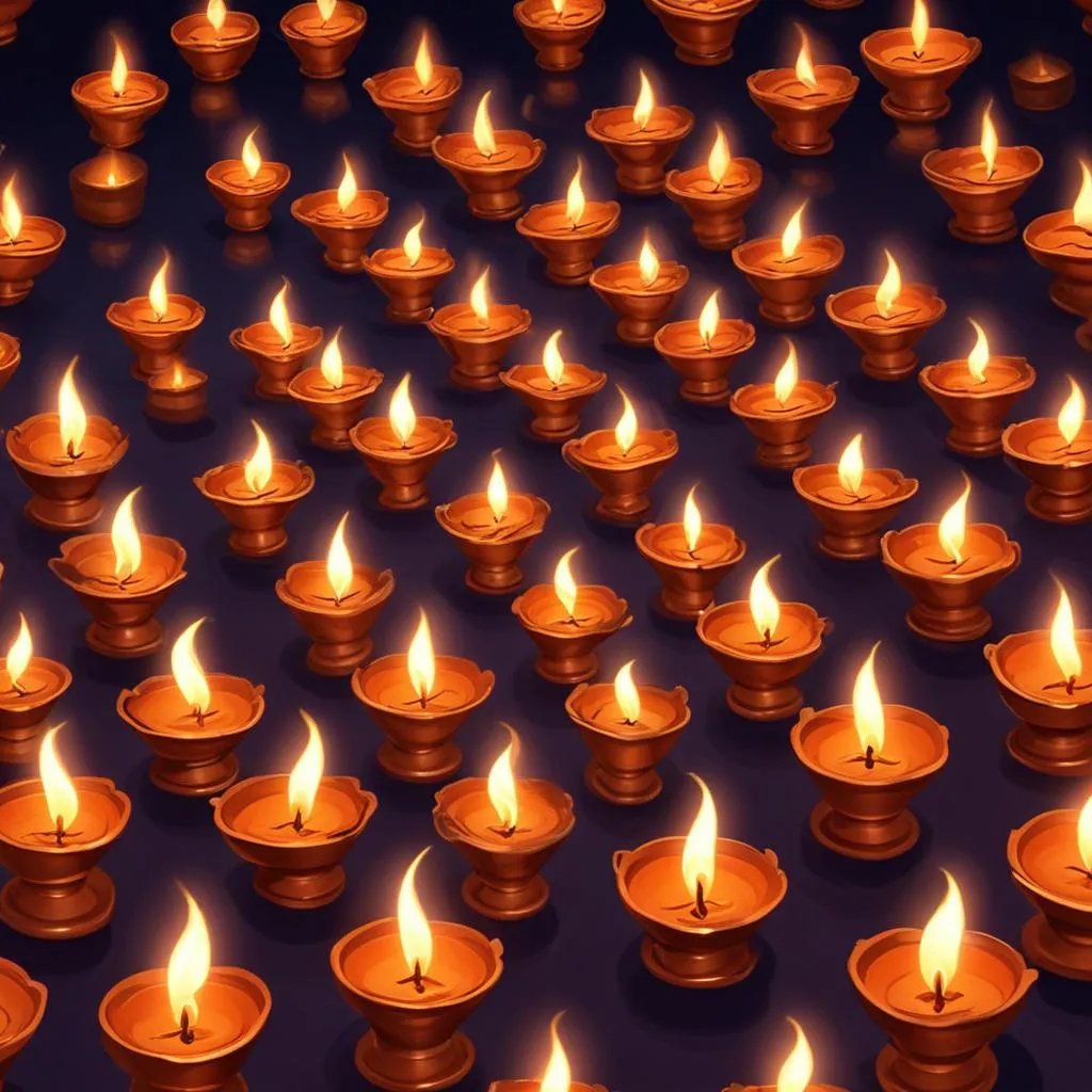 Rows of traditional oil lamps (diyas) glowing in a temple, symbolizing devotion and inner light