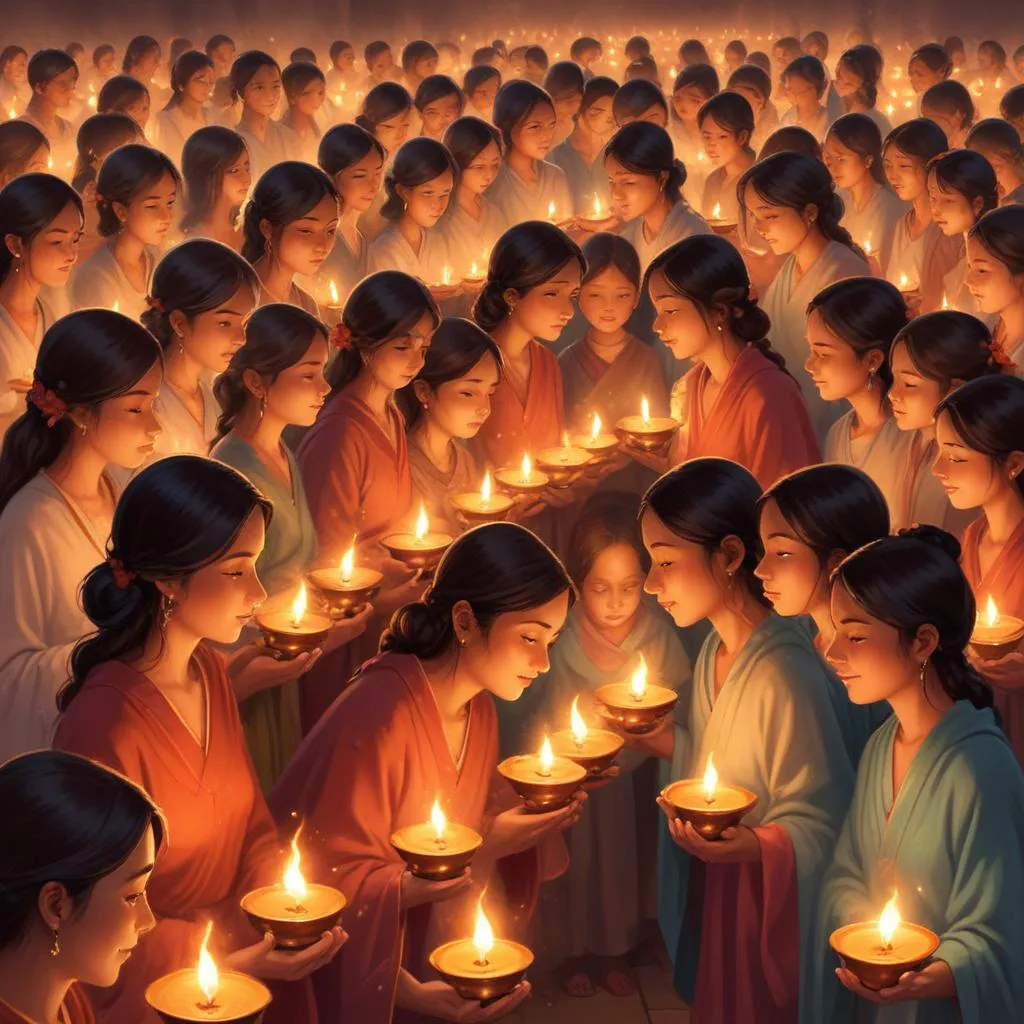 Rows of traditional oil lamps during a spiritual ceremony, symbolizing inner light and wisdom