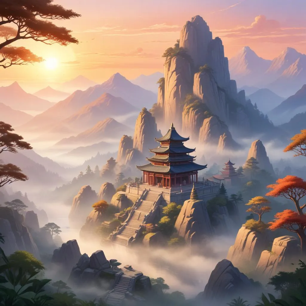 Serene ancient temple at sunrise with misty mountains
