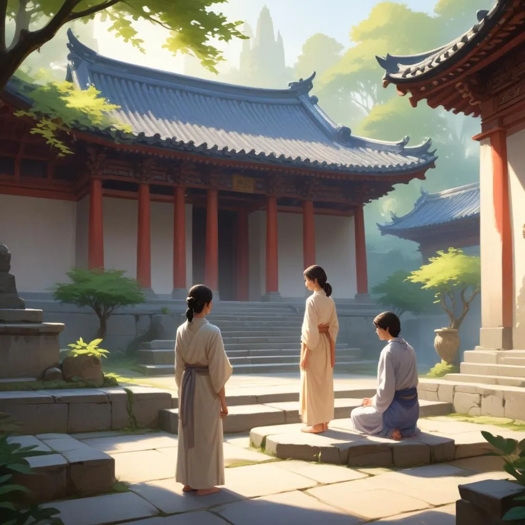 Serene and peaceful temple courtyard with soft morning light