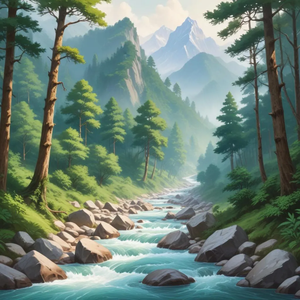 Serene Himalayan forest with a flowing river