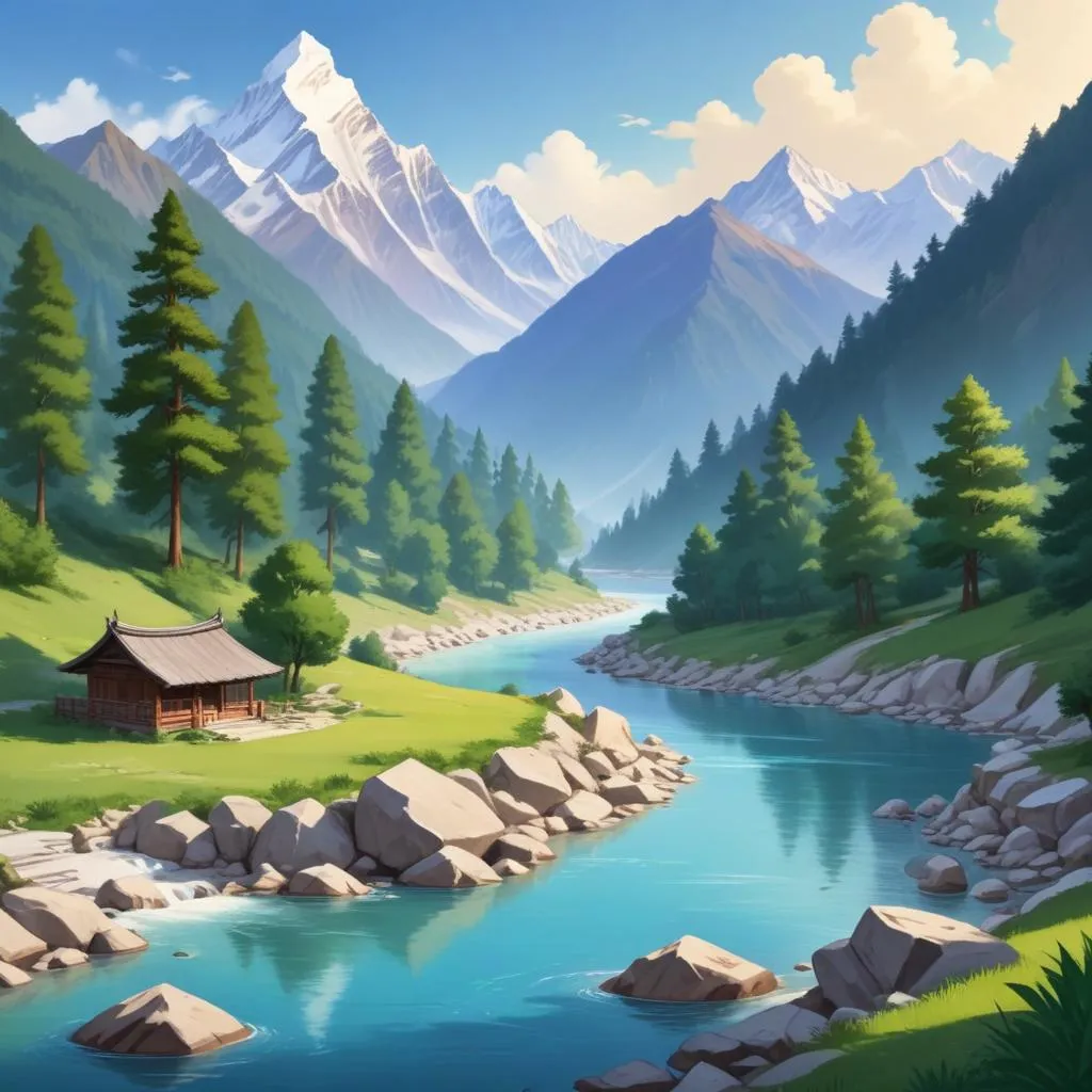 Serene Himalayan landscape with river and meditation spot