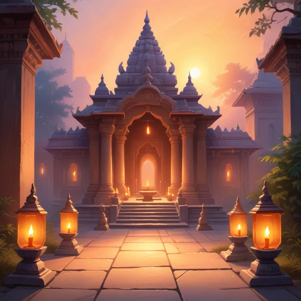 Serene Hindu temple courtyard at sunrise with prayer lamps