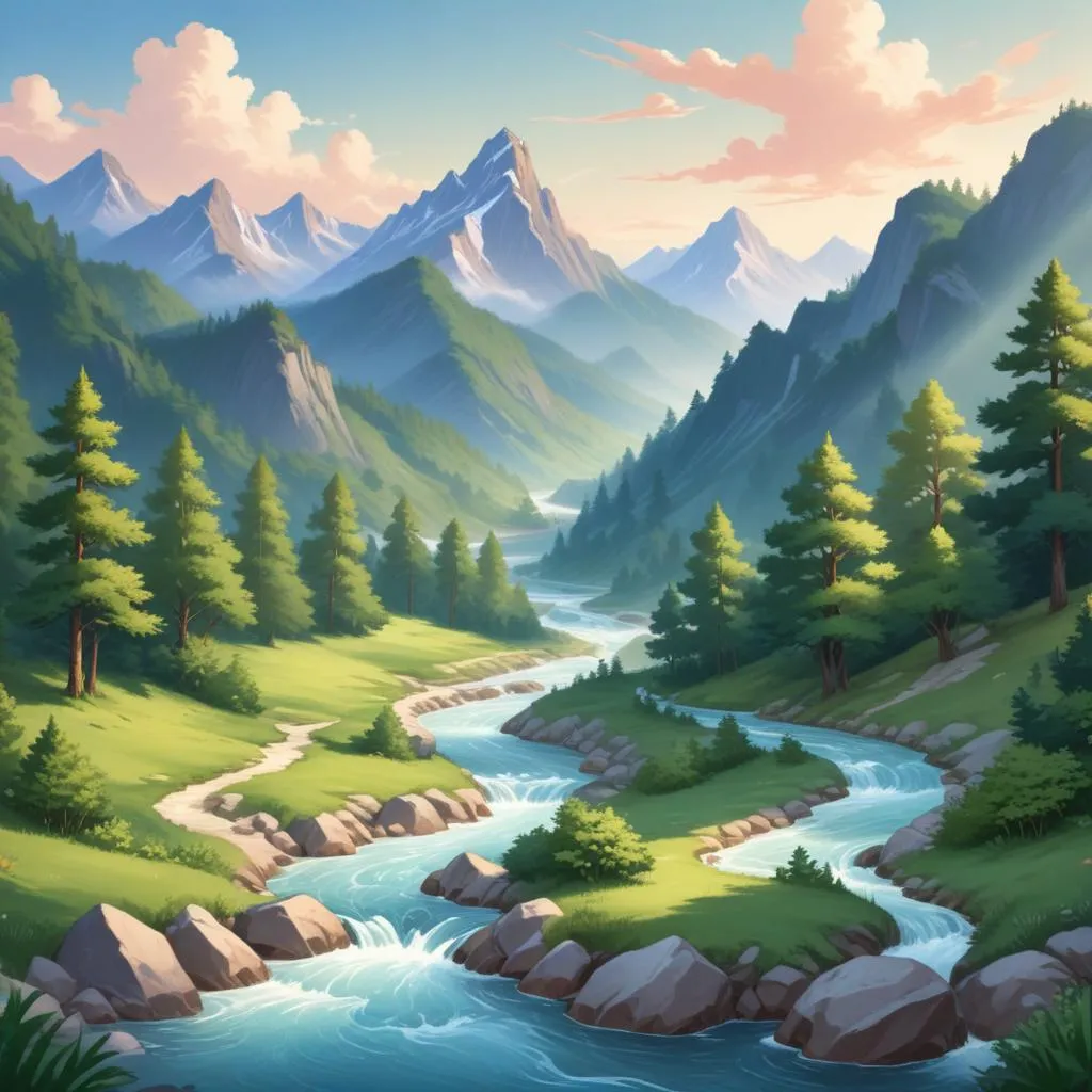 Serene mountain landscape with a winding river, representing the flow of life and inner peace