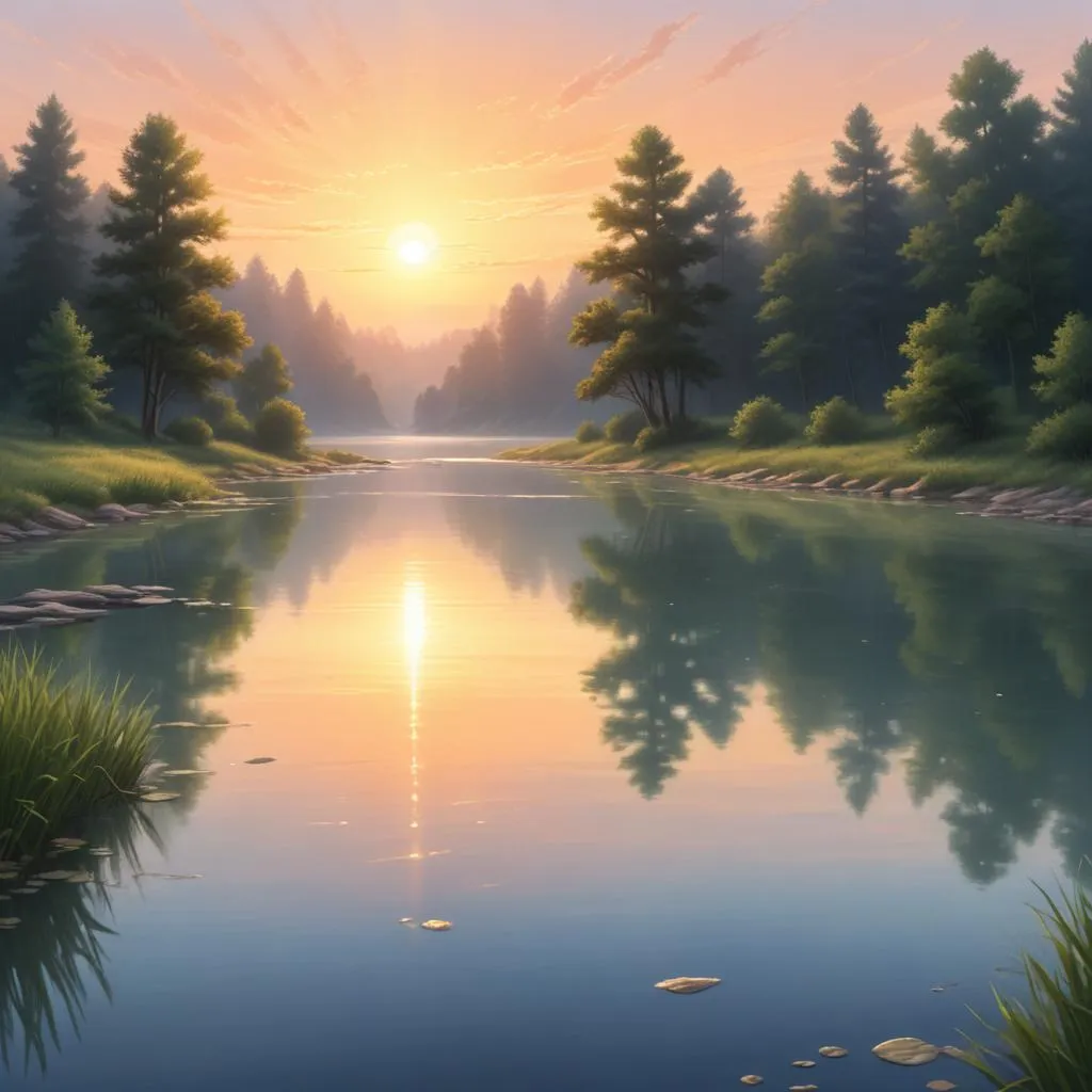 Serene sunrise over a calm river, symbolizing clarity, renewal, and the eternal self