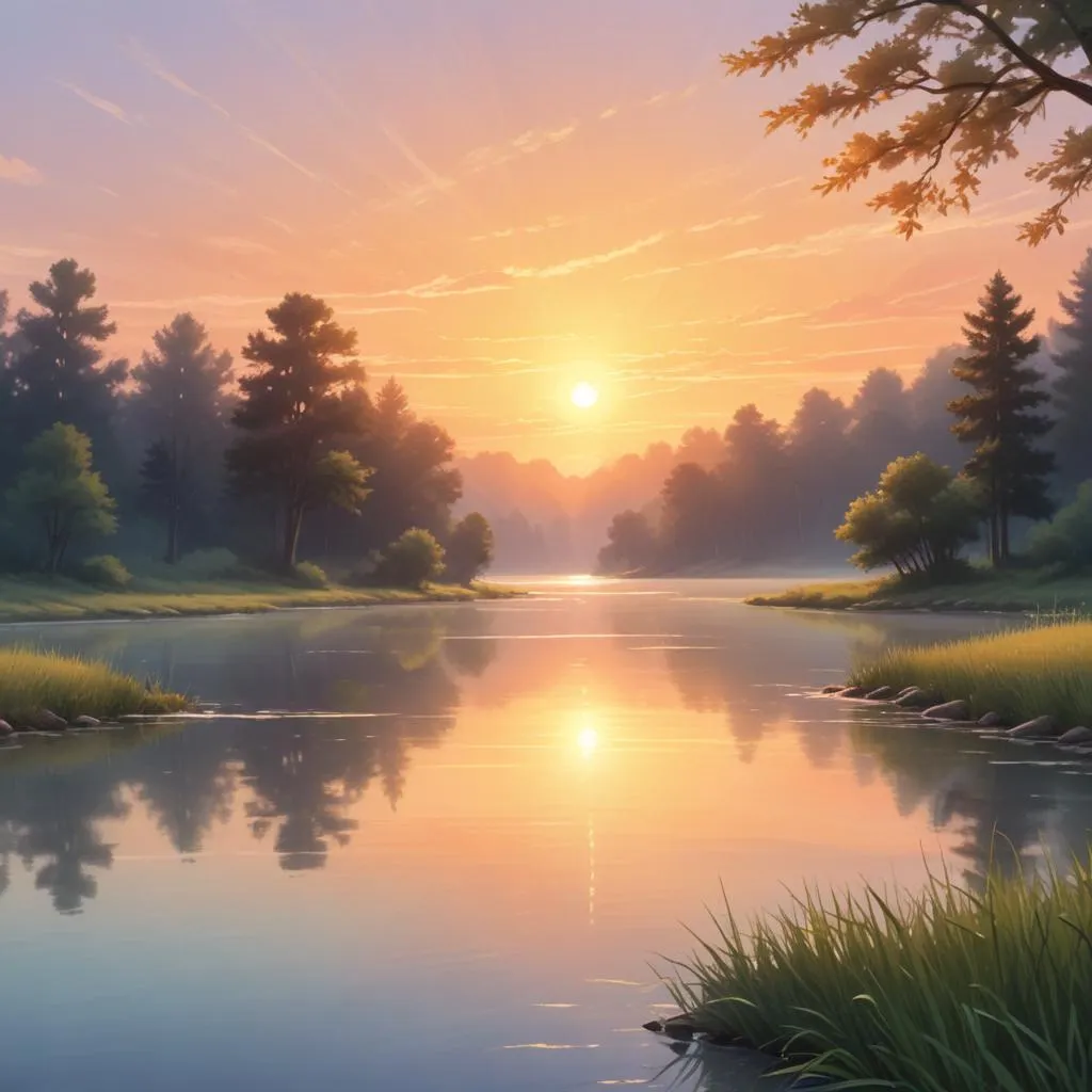 Serene sunrise over a calm river, symbolizing humility and new beginnings