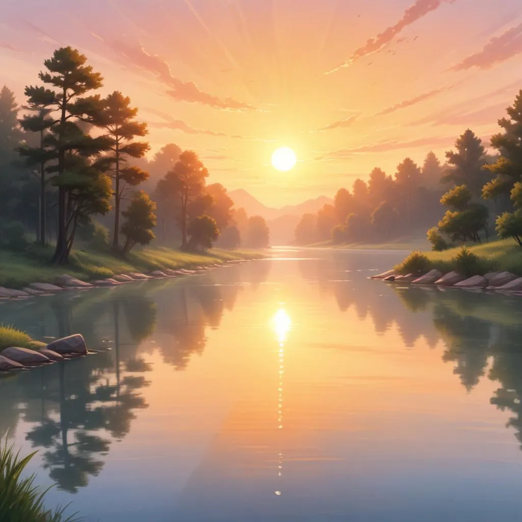 Serene sunrise over a calm river, symbolizing peace and wisdom