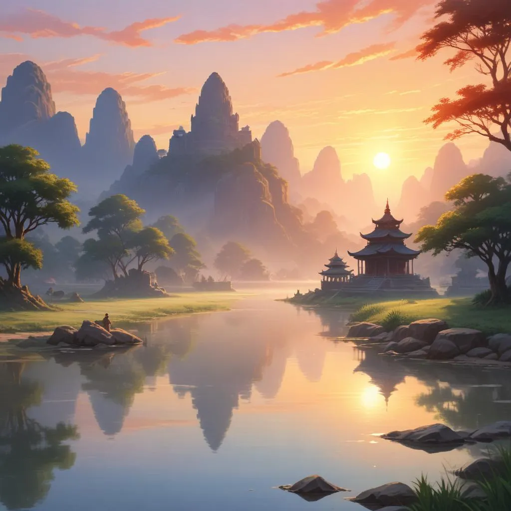 Serene sunrise over a sacred river with temples in the distance