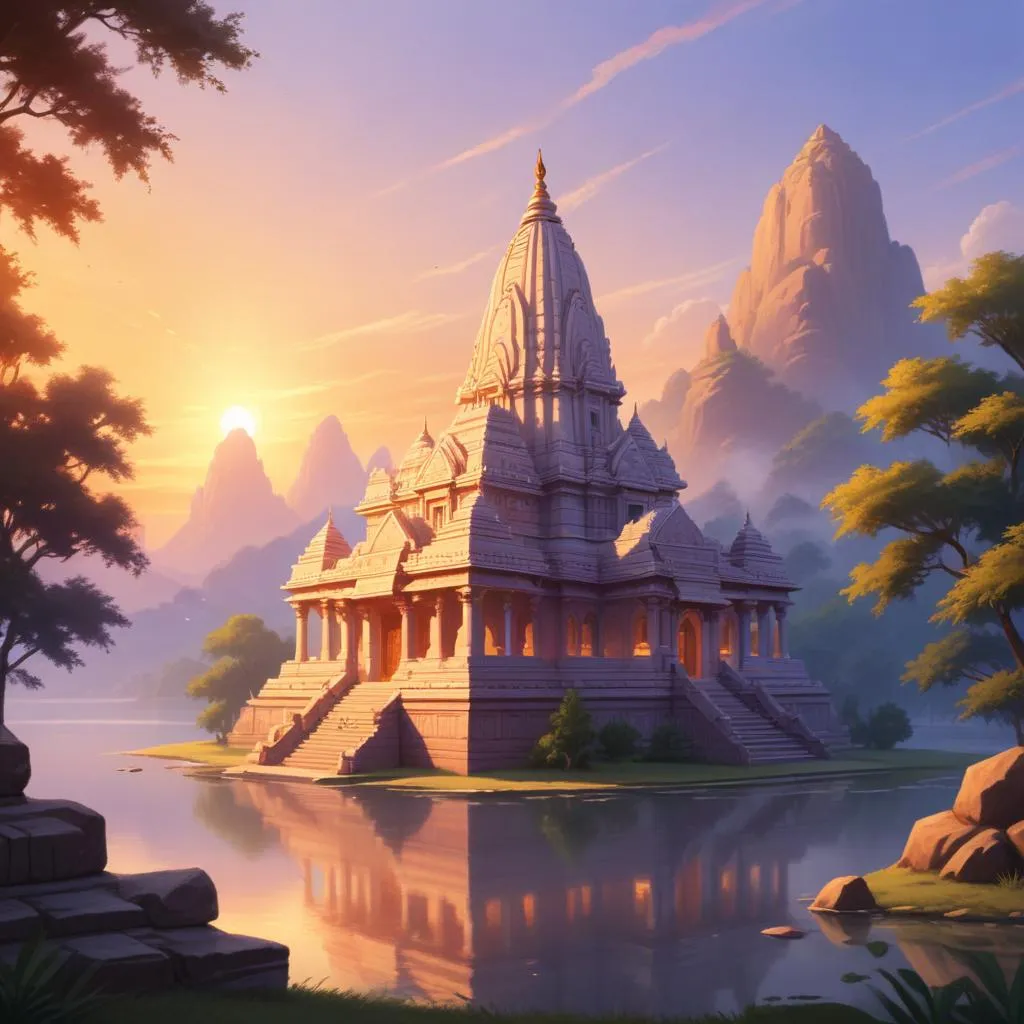 Serene view of a Hindu temple at sunrise with soft light