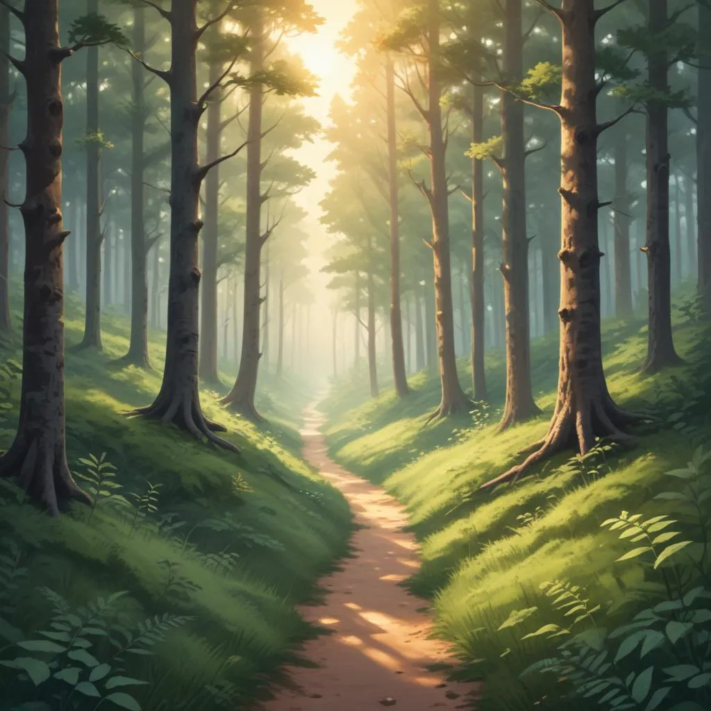Solitary path through a forest at sunrise, symbolizing a chosen journey