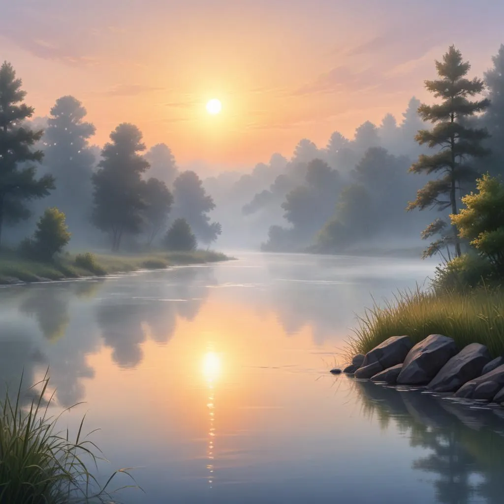 Sunrise over a calm river with mist, representing clarity and new beginnings