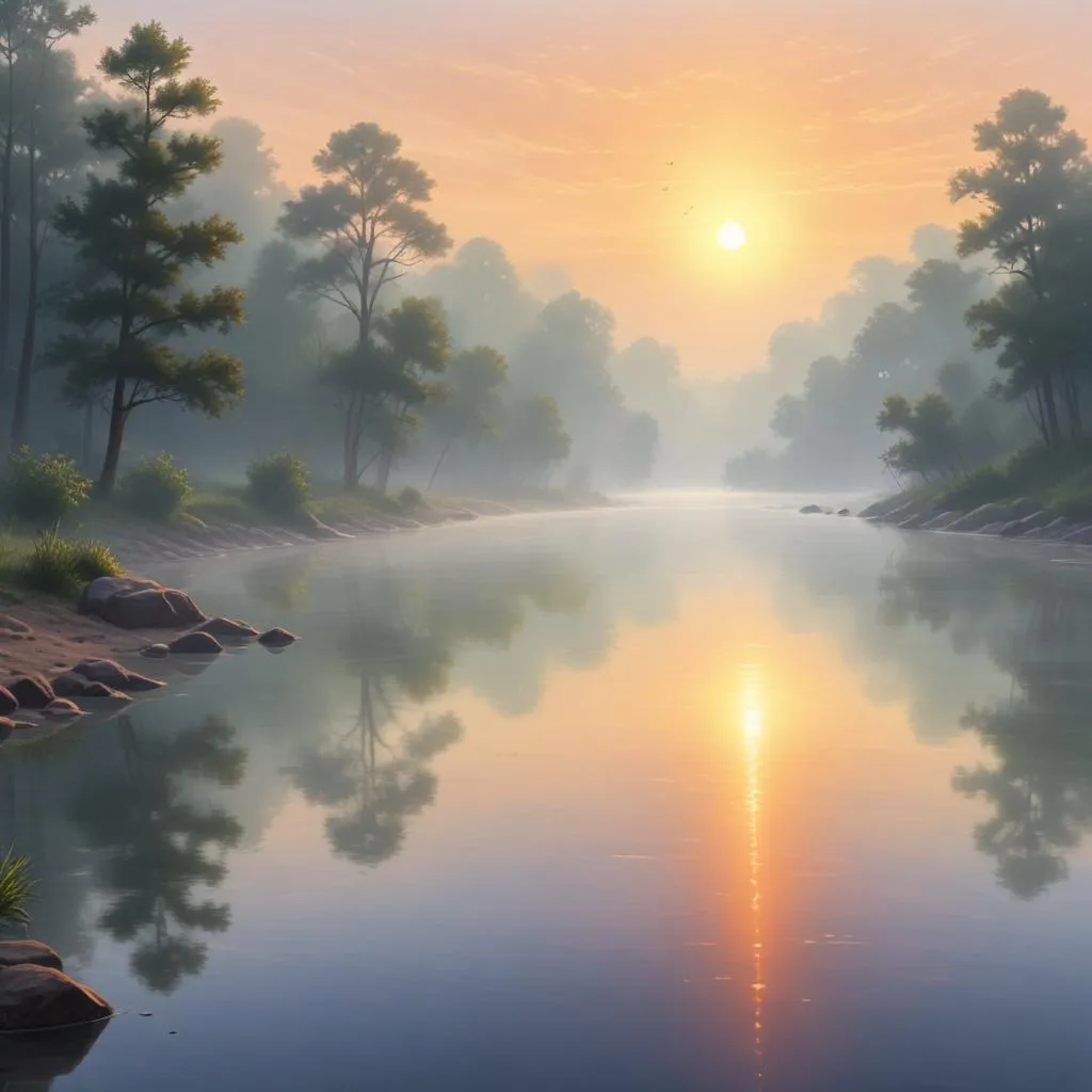 Sunrise over a misty, serene river, symbolizing reflection and complex truths