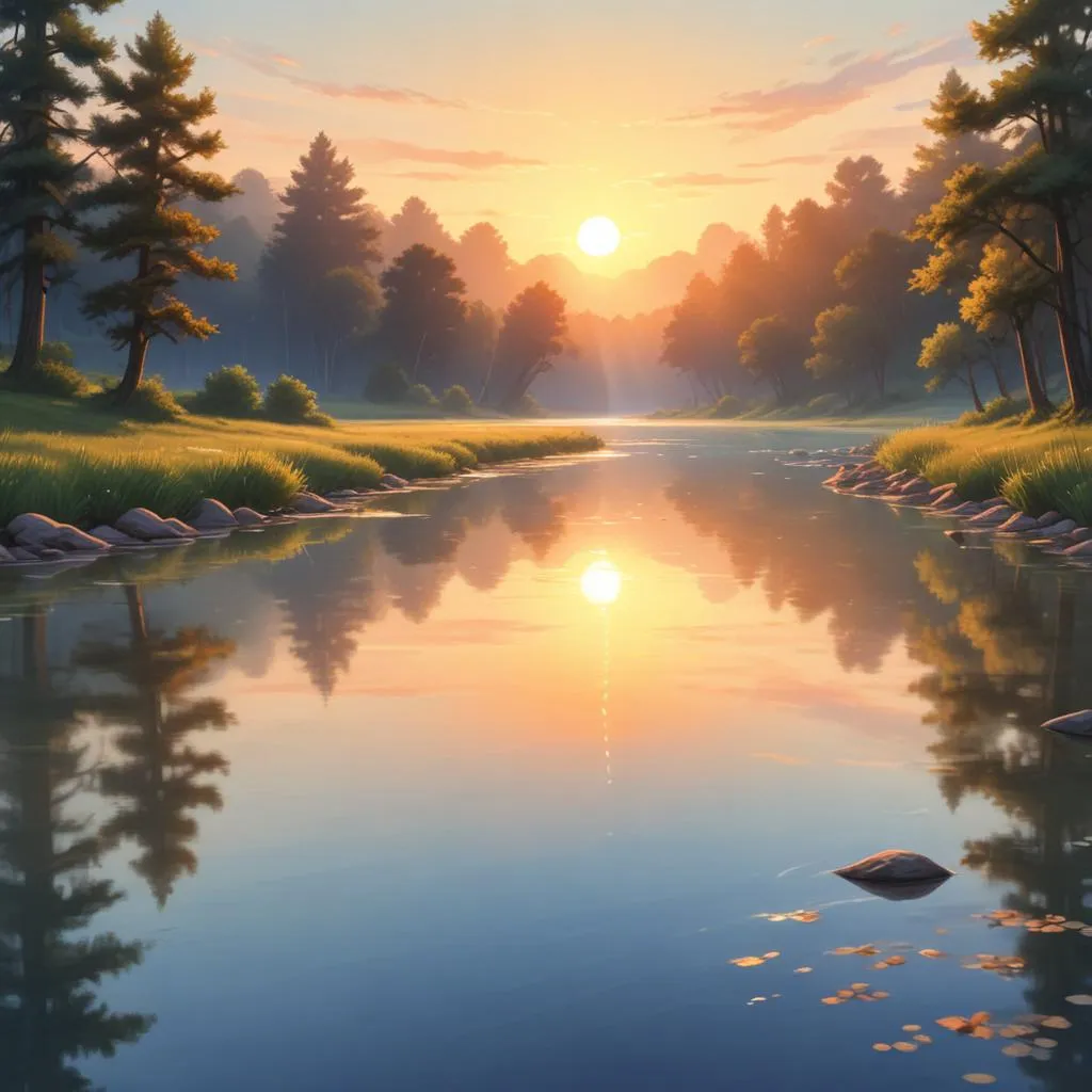 Sunrise over a serene river, symbolizing flow and reflection