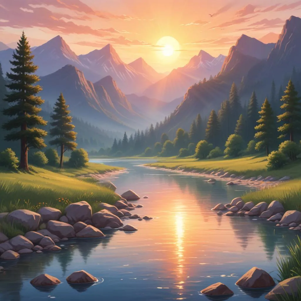 Sunrise over a serene river with mountains, representing new beginnings and the flow of time