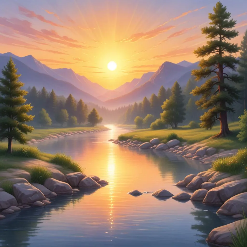 Sunrise over peaceful river with spiritual symbolism