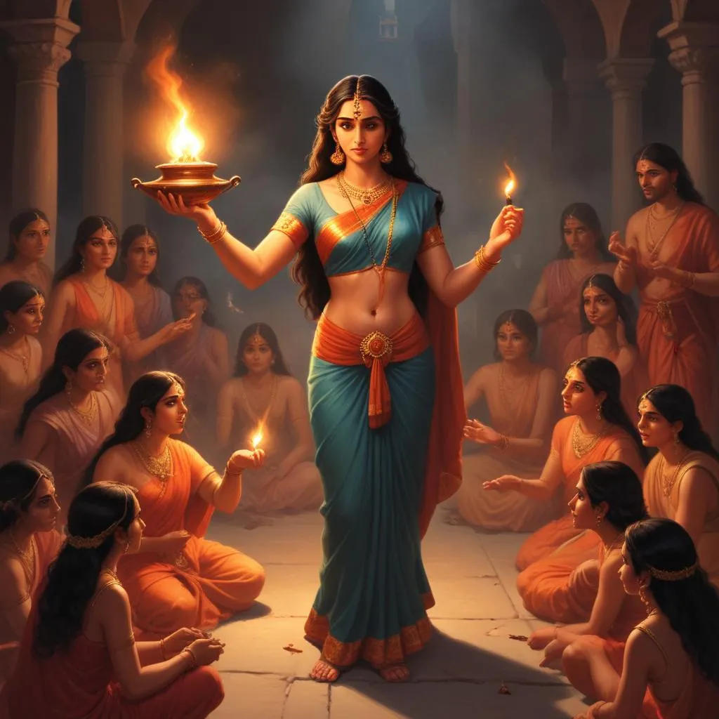 Traditional oil lamp burning in dim surroundings representing Draupadi's undying quest for justice