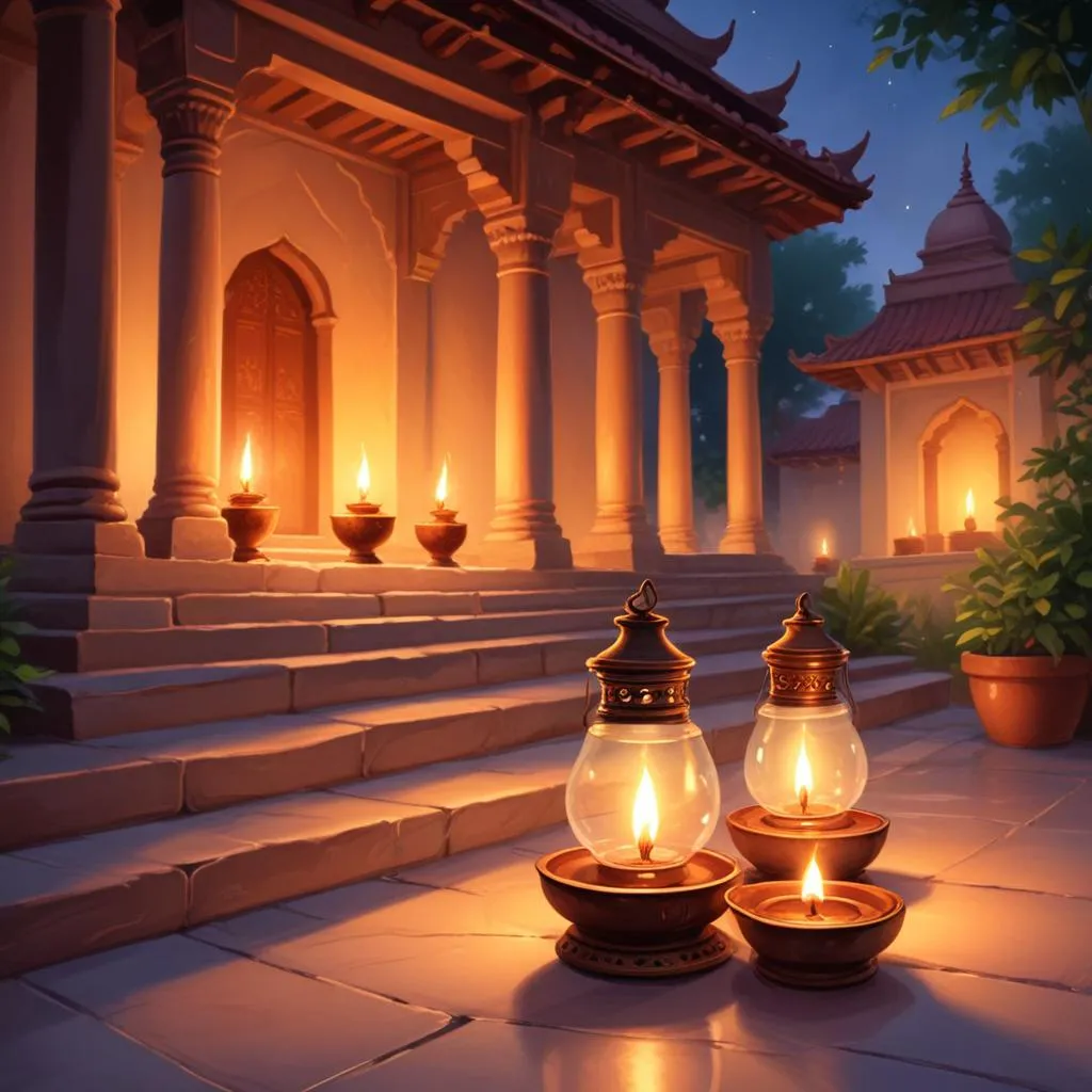 Traditional oil lamps (diyas) illuminating a peaceful temple courtyard at dusk