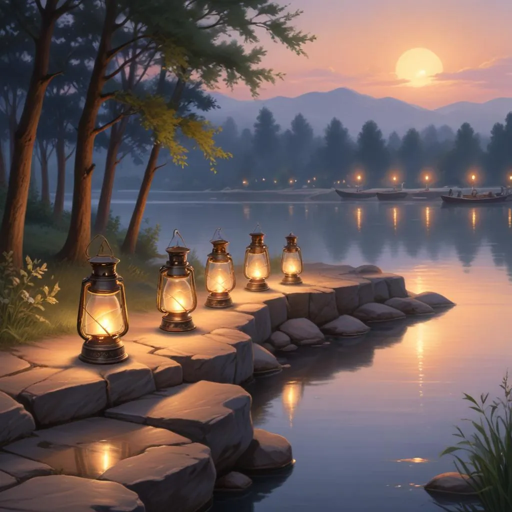 Traditional oil lamps illuminating a peaceful riverside at dusk, symbolizing destiny and light